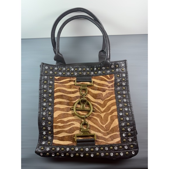 Schandra Handbags - Vintage Studded Leather Tote Bag Zebra Haircalf Front Hardware Boho Chic Y2K